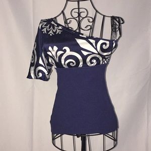 Off shoulder knit and silk BeBe top
